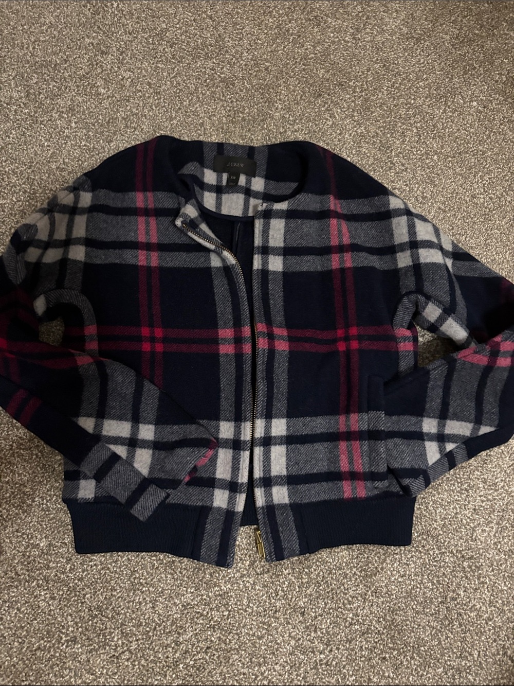 J. Crew Navy Plaid Bomber Jacket with Pink & Gray Stripes